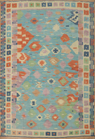 Light Blue Kilim Flat Weave Large Area Rug 10x13