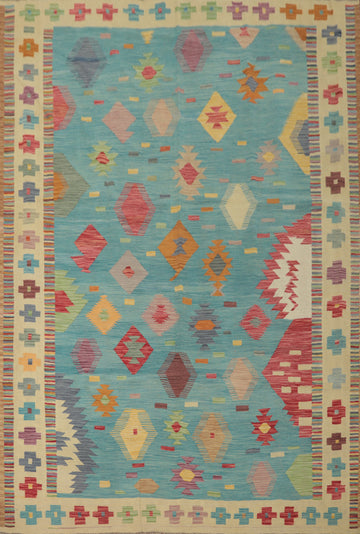 Light Blue Kilim Geometric Area Rug 8x10