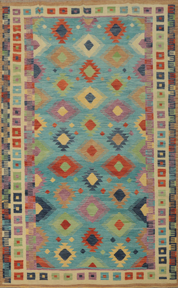 Light Blue Wool Kilim Flat Weave Area Rug 7x10