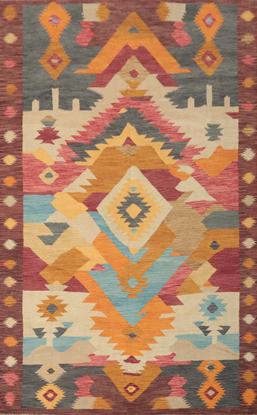 Geometric Wool Kilim Flat Weave Area Rug 7x10