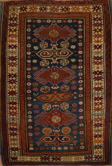 Pre-1900 Antique Kazak Vegetable Dye Rug 4x5
