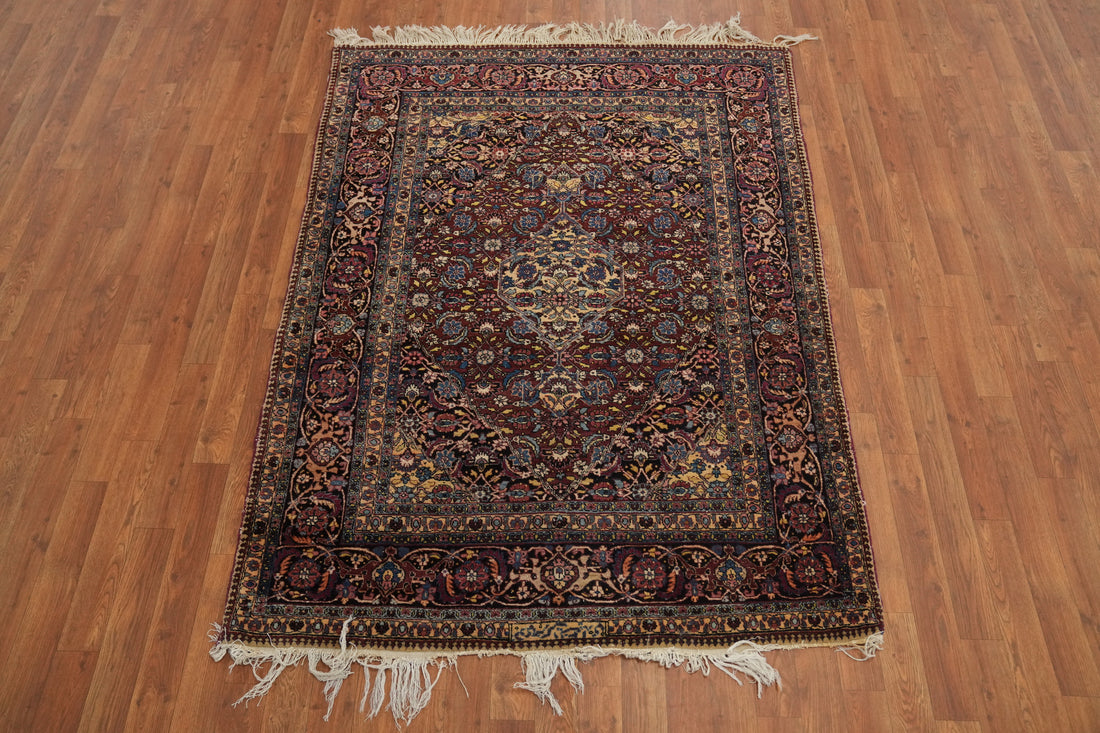Antique Signed Mashad Vegetable Dye Persian Rug 4x6