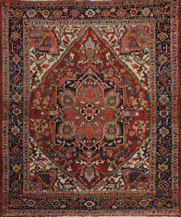 Pre-1900 Antique Heriz Serapi Vegetable Dye Persian Rug 4x4