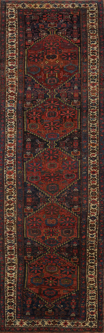Pre-1900 Vegetable Dye Bidjar Halvaei Persian Runner Rug 4x18