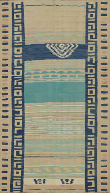 Handwoven Tribal Kilim Rug 5x8 Featuring Bold Blue Geometric Borders