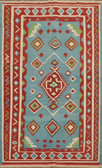 Light Blue Geometric Wool Kilim Area Rug 6x9