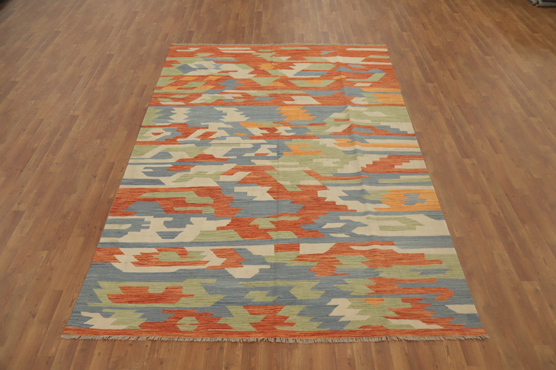 Colorful Contemporary Kilim Area Rug 7x10 Featuring Abstract Shapes