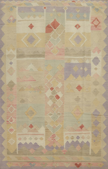 Pastel Geometric Patterns Woven into Wool Kilim Rug 6x8 Artwork