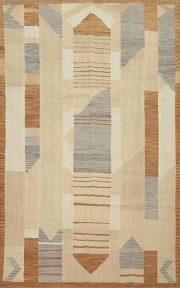 Elegantly Designed Geometric Kilim Area Rug 6x9 in Neutral Tones