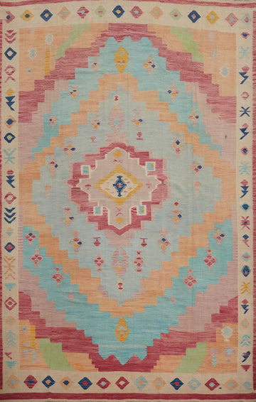 Vibrant Kilim Area Rug 10x13 with Pastel Hues Symmetrical Design