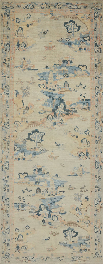 Classic Blue and Beige Rug Runner with Ornate Patterns 5x14