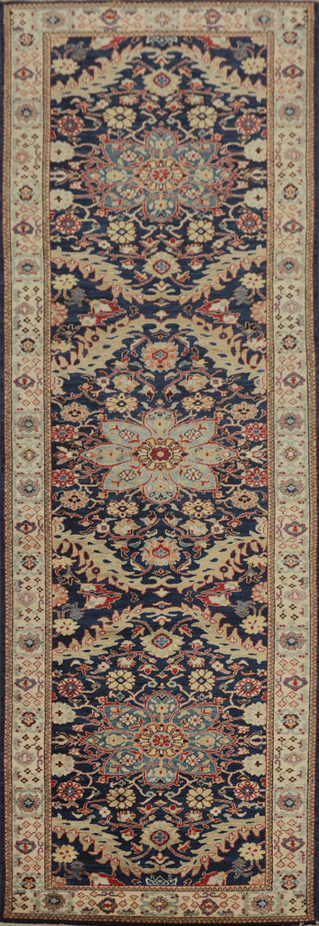 Long Navy Runner Rug 3x12 Featuring Detailed Oriental Floral Design