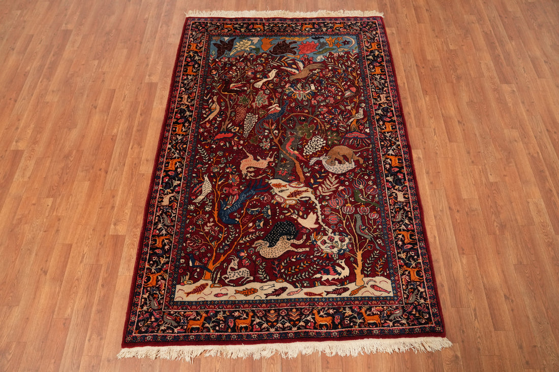 Vegetable Dye Animals Design Kashan Persian Rug 5x7