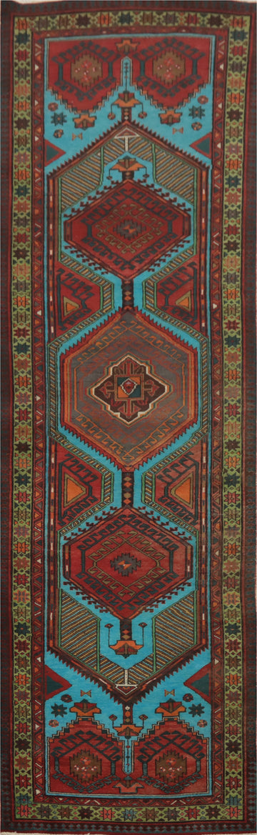 Vintage Blue Ardebil Persian Runner Rug 4x14
