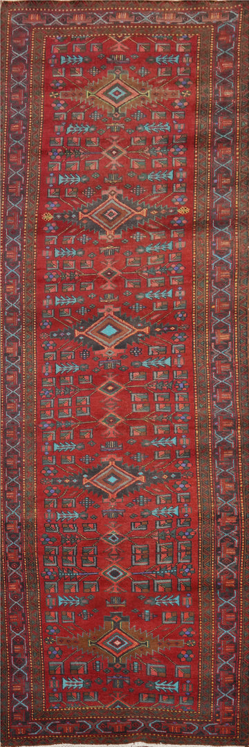 Red Geometric Heriz Persian Runner Rug 4x13