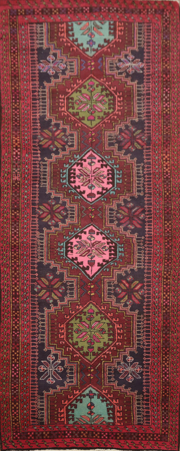 Vintage Geometric Gharajeh Persian Runner Rug 4x10