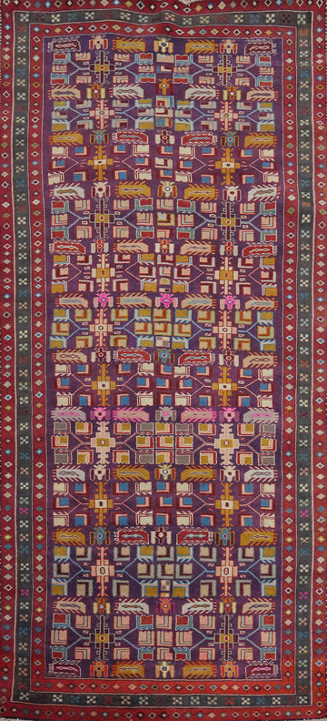 Purple Geometric Tabriz Persian Runner Rug 4x9