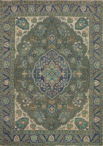 Handmade Green Floral Tabriz Persian Rug 5x6