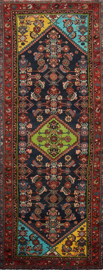 Vintage Geometric Hamedan Persian Runner Rug 4x10
