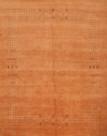 Elegant Terracotta Gabbeh Area Rug 8x8with Subtle Tribal Details and Charm
