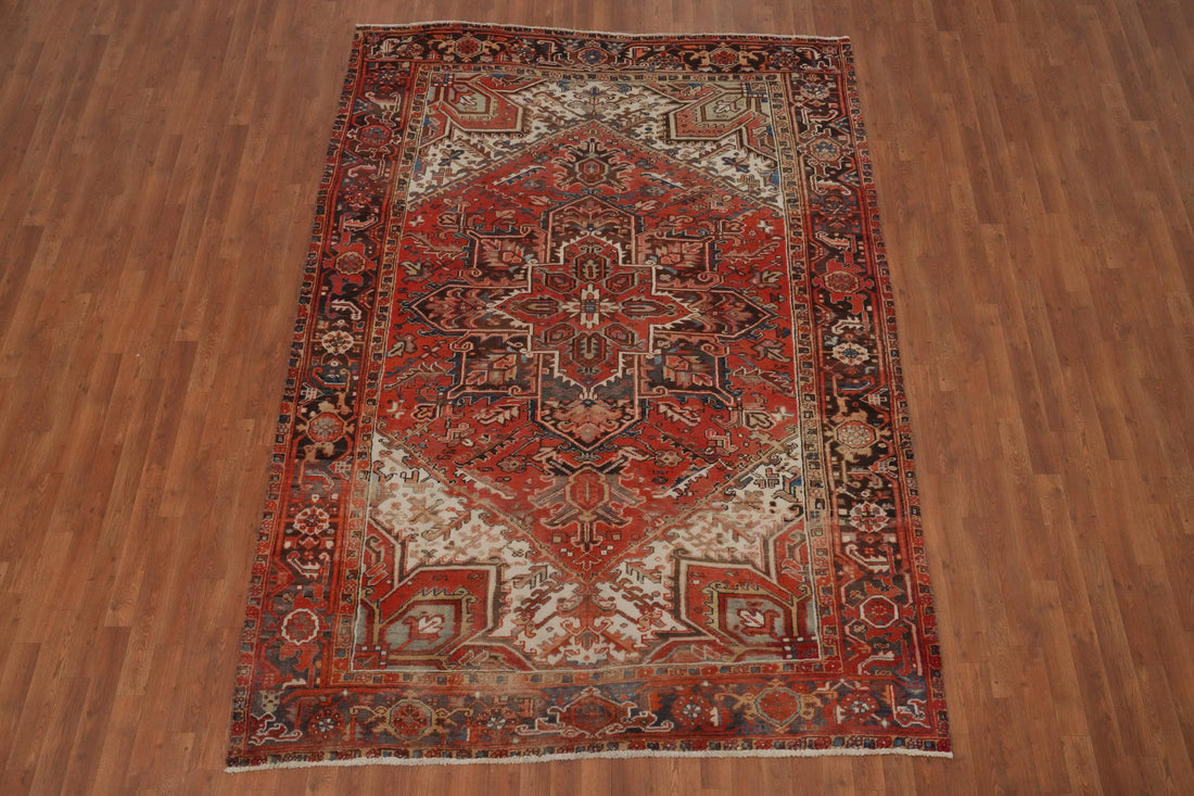 Vintage Geometric Heriz Vegetable Dye Persian Area Rug 7x9