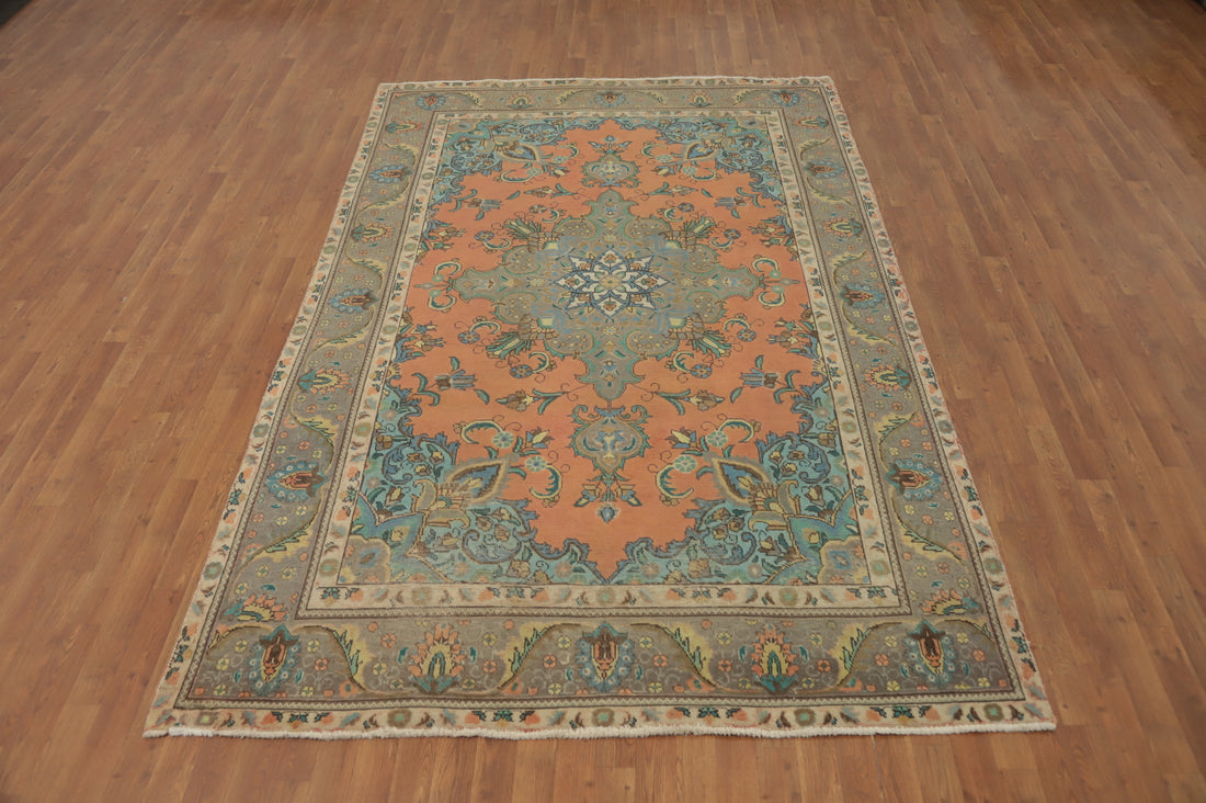Elegant Coral and Blue Tabriz Persian Area Rug 7x10 with Intricate Design