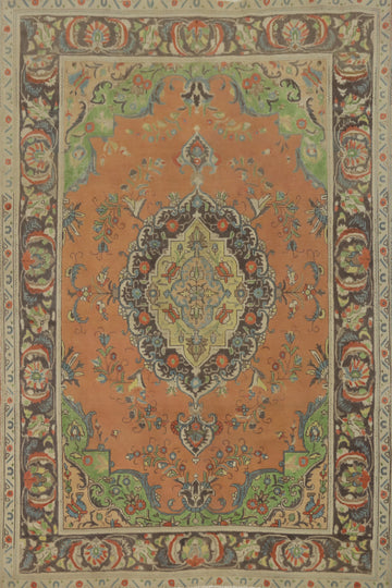 Traditional Orange & Green Tabriz Persian Rug 6x9 with Intricate Medallion