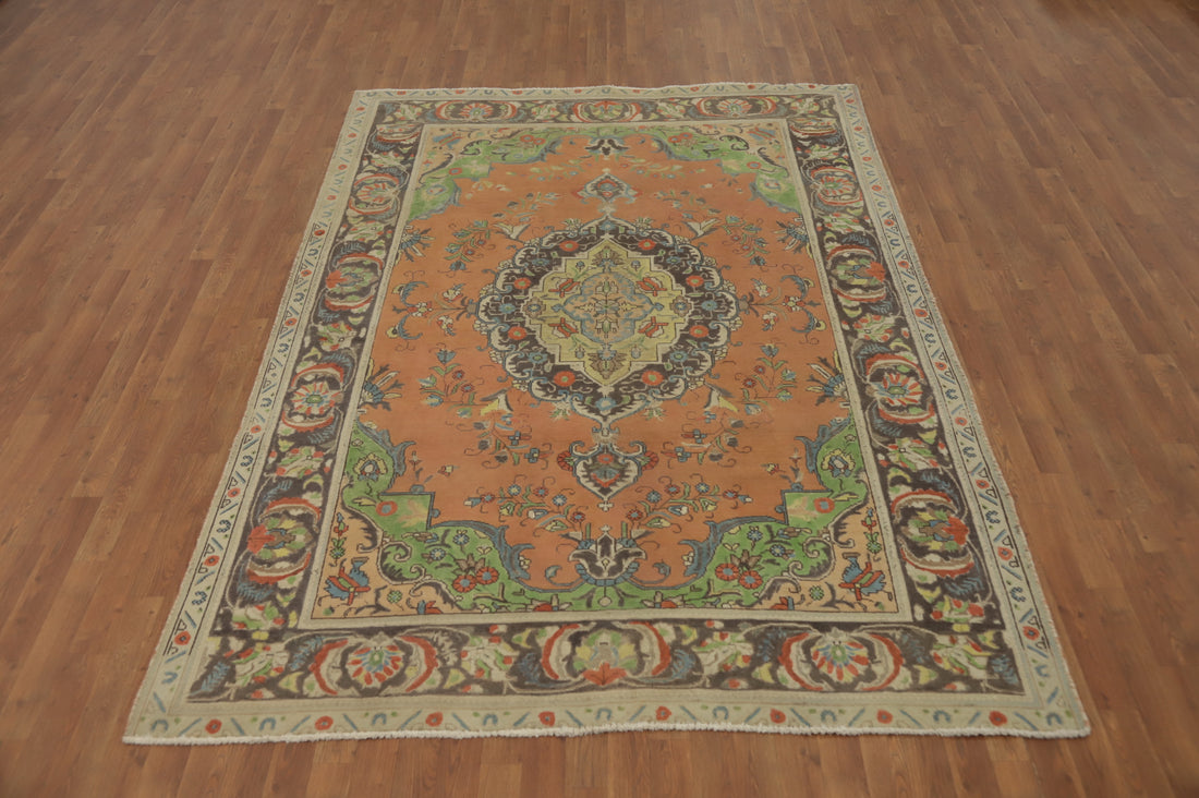 Traditional Orange & Green Tabriz Persian Rug 6x9 with Intricate Medallion