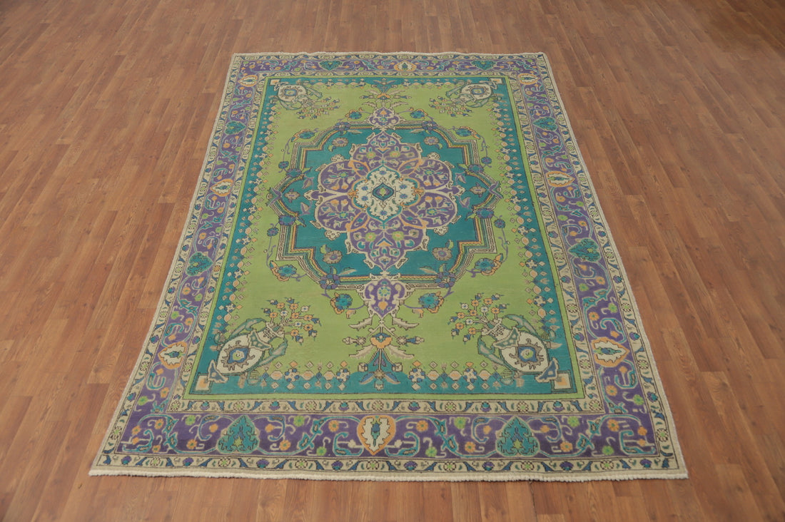 Vintage Green Tabriz Persian Area Rug 6x9