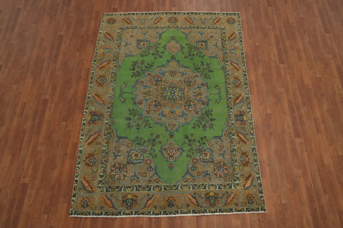 Vintage Green Tabriz Persian Area Rug 6x9