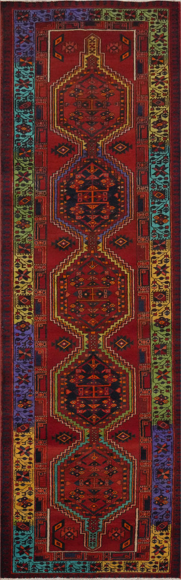 Red Geometric Wool Ardebil Persian Runner Rug 3x11