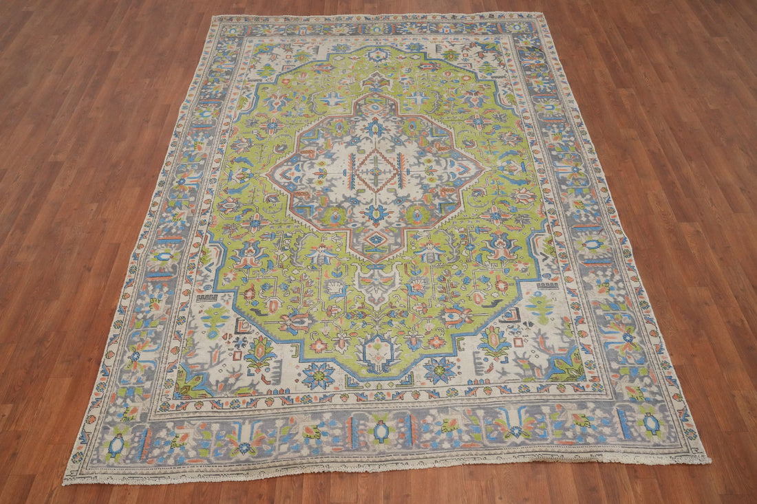 Geometric Green Tabriz Persian Area Rug 7x9