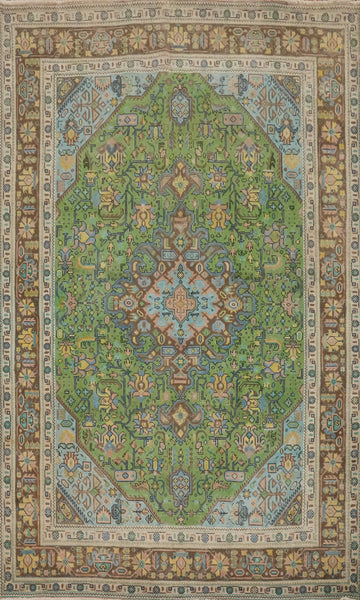Vintage Green Wool Tabriz Persian Area Rug 6x9