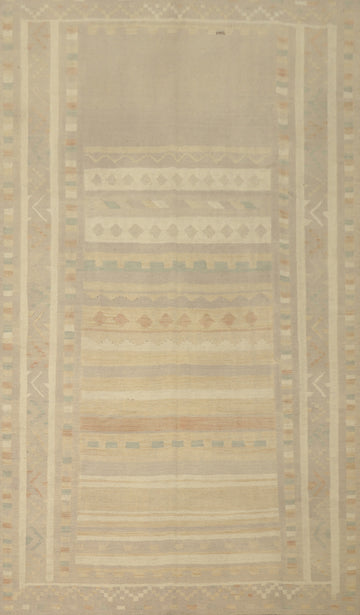 Neutral and Muted Toned Kilim Rug 7x10 with Geometric Design Elements