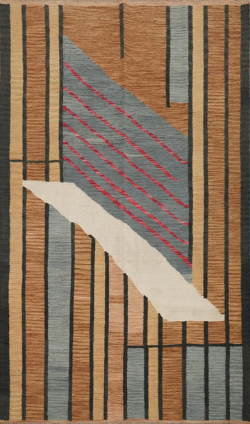 Modern Geometric Art Kilim Area Rug 5x8 with Accents and Bold Lines