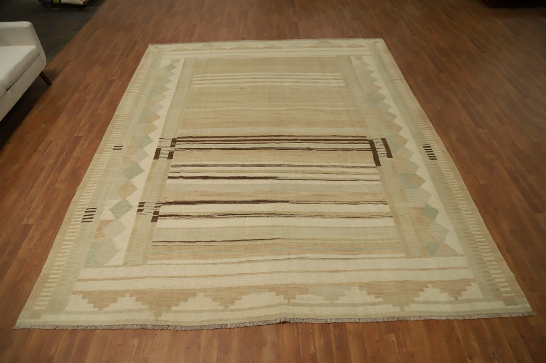 Elegant Beige Kilim Area Rug 9x12 with Geometric and Stripe Patterns