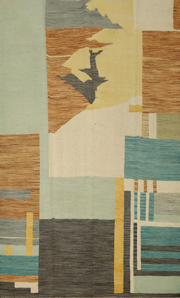 Modern Abstract Kilim Area Rug 7x10 with Earthy Tones Design