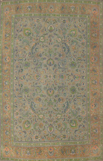 Distressed Wool Floral Tabriz Persian Large Rug 10x13