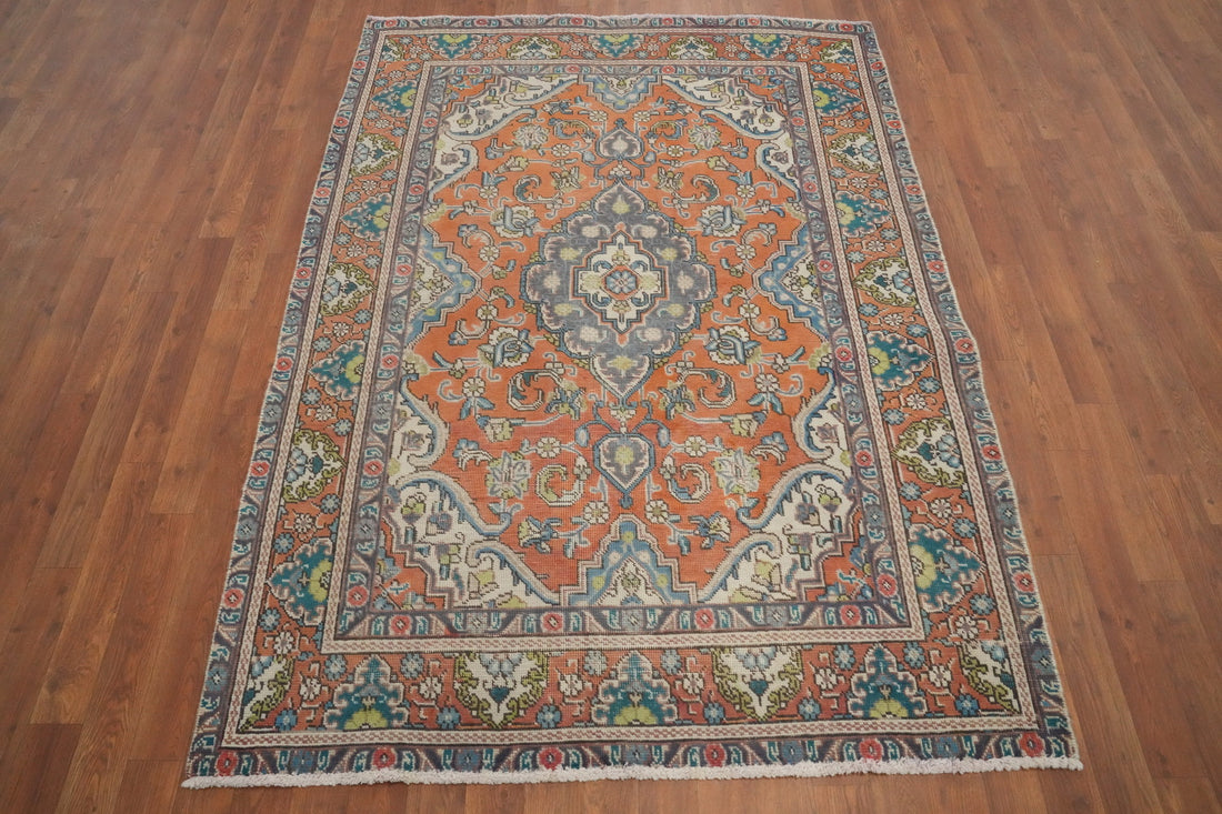 Traditional Orange Wool Tabriz Persian Rug 5x6