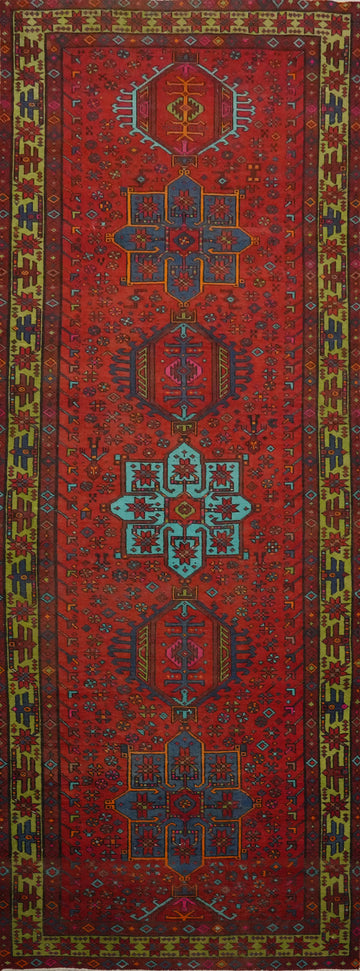 Red Wool Vintage Heriz Persian Runner Rug 4x11