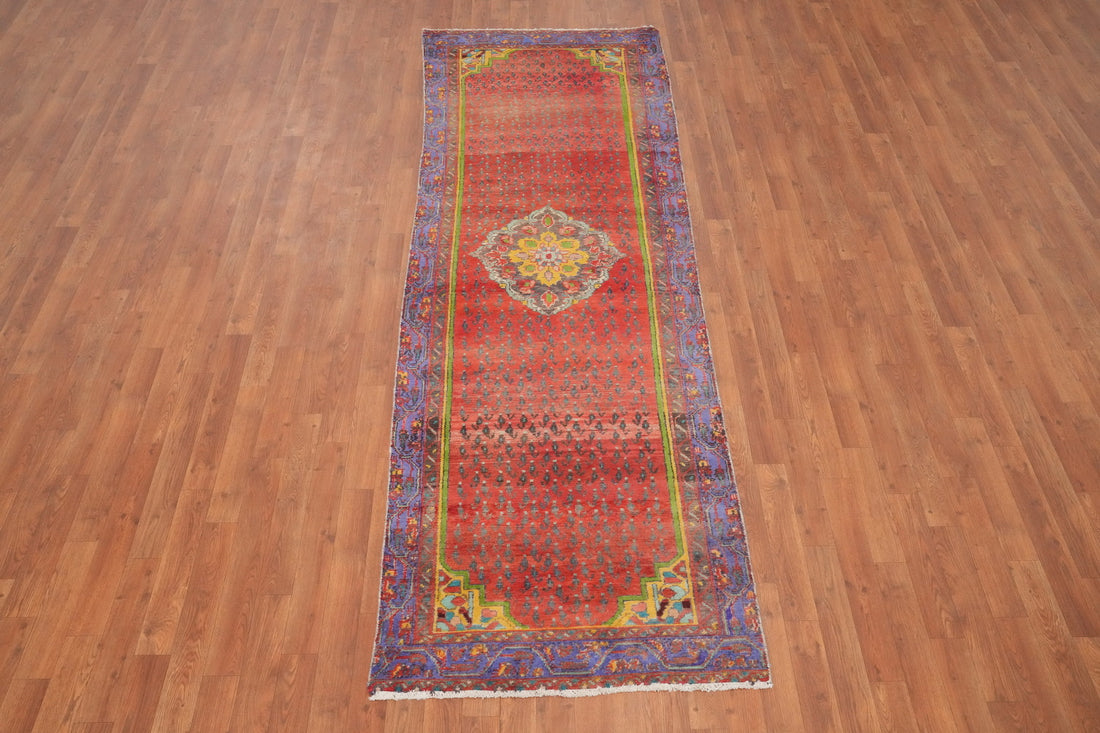 Vintage Geometric Hamedan Persian Runner Rug 3x9