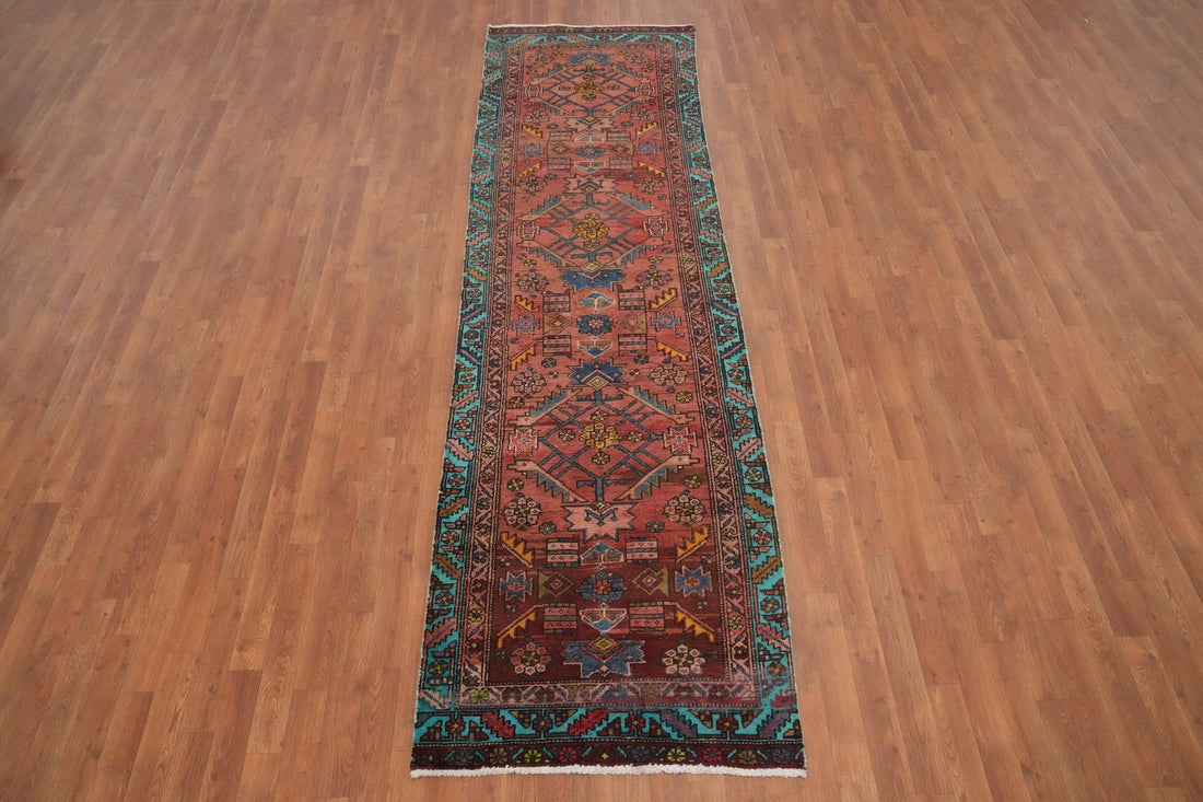 Vintage Wool Geometric Heriz Persian Runner Rug 3x11