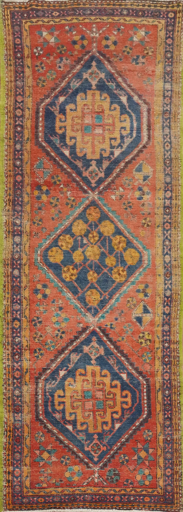 Antique Geometric Bakhtiari Persian Runner Rug 3x10