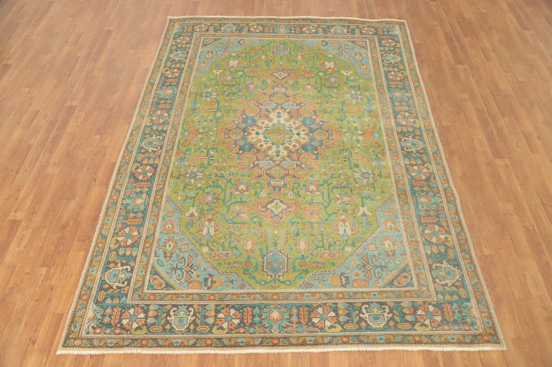Light Green Handmade Tabriz Persian Area Rug 7x9