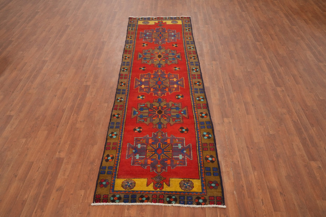 Geometric Wool Heriz Persian Runner Rug 3x10