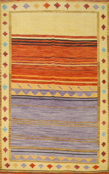 Unique Multicolor Striped Kilim Area Rug 6x10 with Geometric Shapes
