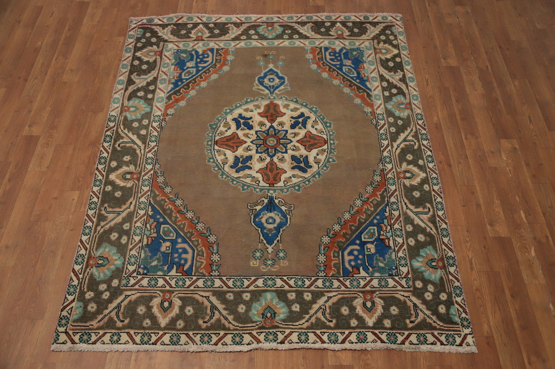 Brown Geometric Tabriz Persian Rug 5x6