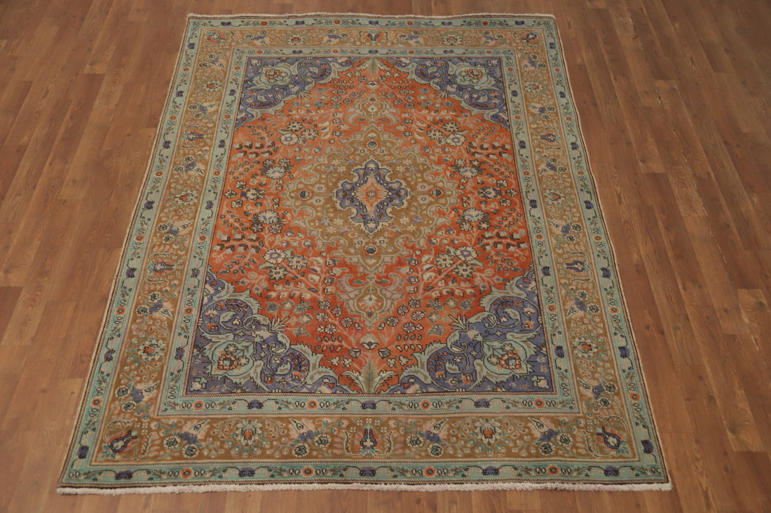 Handmade Wool Orange Tabriz Persian Rug 5x7
