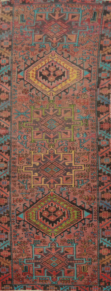 Pink Geometric Heriz Persian Runner Rug 3x9