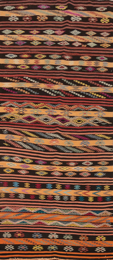 Vibrant Patterns on Kilim Runner Rug 4x11 Rich Textile Artistry